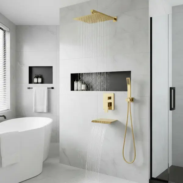 Rain Shower System Brushed Gold Tub Shower Faucet Set 10 Inch Square Rainfall Shower Head With Handheld Sprayer And Waterfall Tub Spout[Unable Ship Weekends, TK