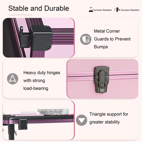 Portable Nail Art Table W/ LED Mirror, Bluetooth, Lockable Drawers, Telescopic Pole - Folding Manicure Station For Salons (Pink) 5
