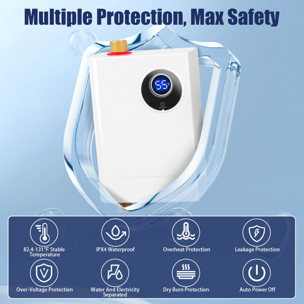 3000W Tankless Water Heater - Instant Hot Water Heater With LCD Display (82.4-131°F/°C Switch), IPX4 Waterproof, Leak/Over-Temp/Dry-Heating Protection, G1/2" Brass Fitting For Hand Washing/Di