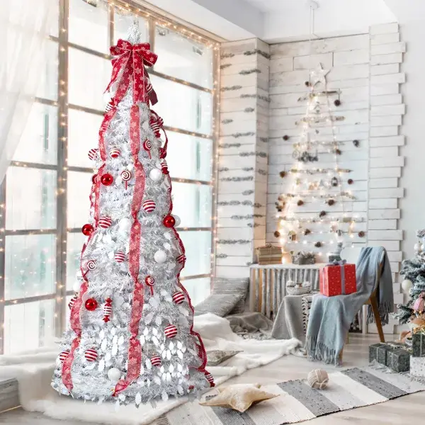 7 FT Fully Decorated Pre-lit Christmas Tree, Pop Up Artificial Xmas Tree With 170 Warm Lights And Red Ornaments For Home Office Store Holiday Deco, White