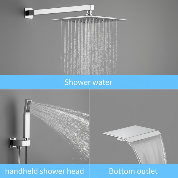 Rain Shower System Chrome Tub Shower Faucet Set 10 Inch Square Rainfall Shower Head With Handheld Sprayer And Waterfall Tub Spout[Unable Ship Weekends, TK/TEMU Only For Pickup]