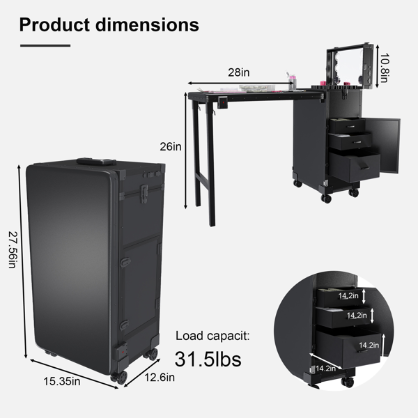 Portable Nail Art Table W/ LED Mirror, Bluetooth, Lockable Drawers, Telescopic Pole - Folding Manicure Station For Salons (Black) 3