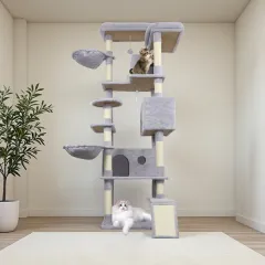 84.6 In Light Grey Cat Tree Tower With Wide Base, 3 Large Hinding Condo, 11 Sisal Scratching Post, Sisal Scratching Ladder, 2 Hammocks, Large Top P... - View 1