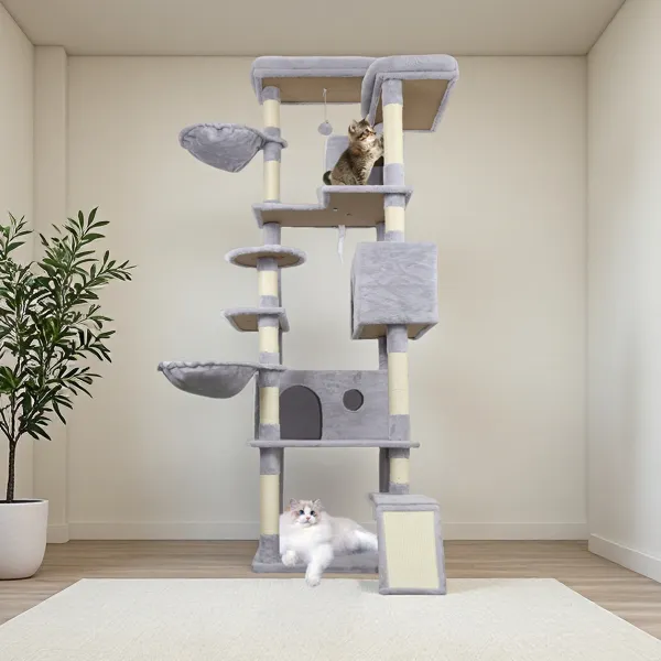 84.6 In Light Gray Cat Tree Tower With Wide Base, 3 Large Hinding Condo, 11 Sisal Scratching Post, Sisal Scratching Ladder, 2 Hammocks, Large Top P... Defaulttitle - Shop at LoveMi