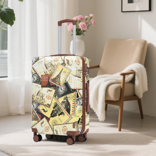 20"/24"/28" 3 Pcs/set In PC Spinner Wheel Luggage, Carry On Suitcase, With Printed Pattern And Combination Lock (City Stamps)