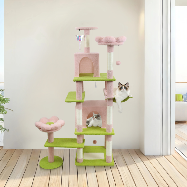 71 Inch Flower Cat Tree With Large Condo Removable Flower Cushion And Hammock Pink image 4