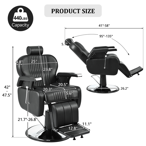 Heavy Duty Reclining Barber Chair,All Purpose Hydraulic Recline Barber Chair Salon Beauty Styling Chair360° Swivel&Height Adjustable,for Barber Shop & Beauty Salon,Spa Tattoo Styling Equipment,Black