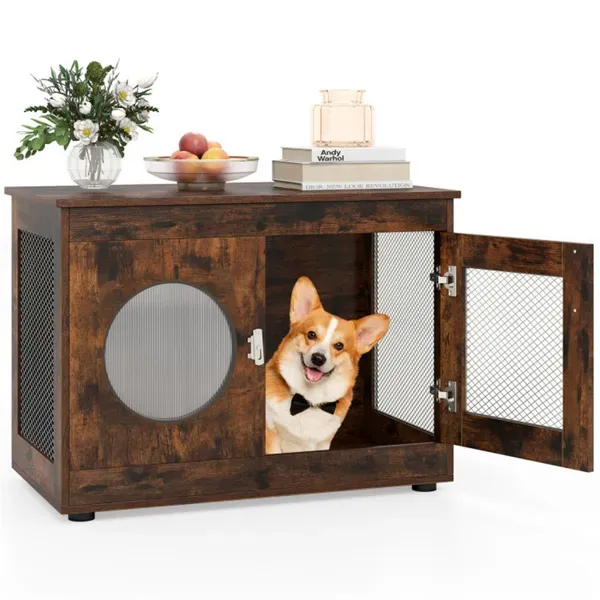 2 in 1 Dog Crate End Table Rustic Brown, 88lbs Capacity, Farmhouse Style, 32.5"x18.5"x23.5" Defaulttitle - Shop at LoveMi