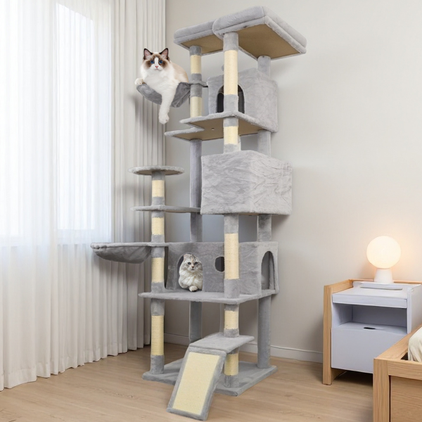 84.6 In Light Gray Cat Tree Tower With Wide Base, 3 Large Hinding Condo, 11 Sisal Scratching Post, Sisal Scratching Ladder, 2 Hammocks, Large Top Platform, Many Landing Perch And Interactive 