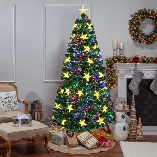 7FT Pre lit Fiber Optic Christmas Tree With Large Stars, Artificial Xmas Tree Spruce Tree Green Tree With Metal Stand,Full Tree For Holiday Decorat... Defaulttitle - Shop at LoveMi