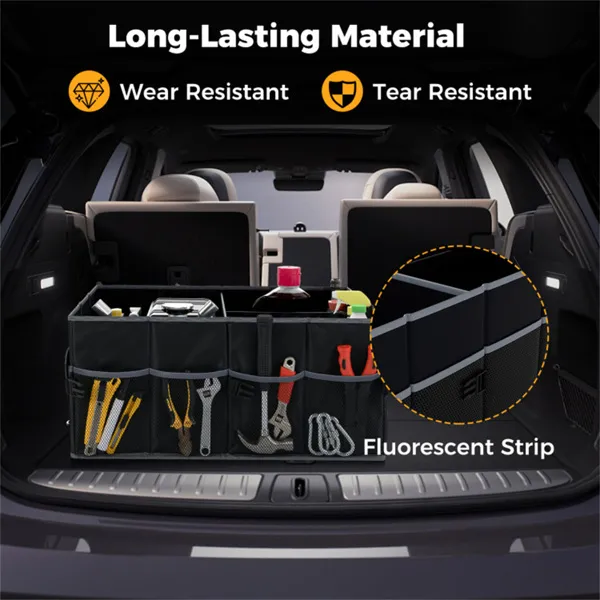 13 Gallon Car Trunk Organizer - 3 Compartments+6 Pockets, 600D Oxford Fabric, Non-Slip Base, Black