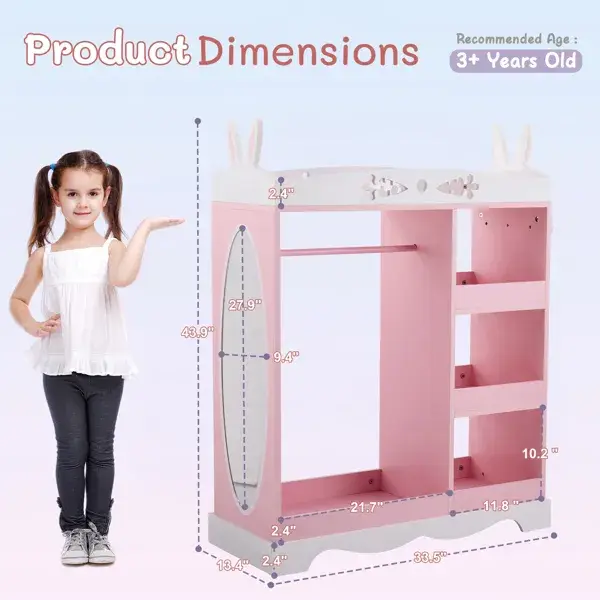 Pink MDF + Particleboard Children's Wardrobe With 1 Mirror, 3 Shelves, And 1 Clothes Rod; Rabbit Ear Design