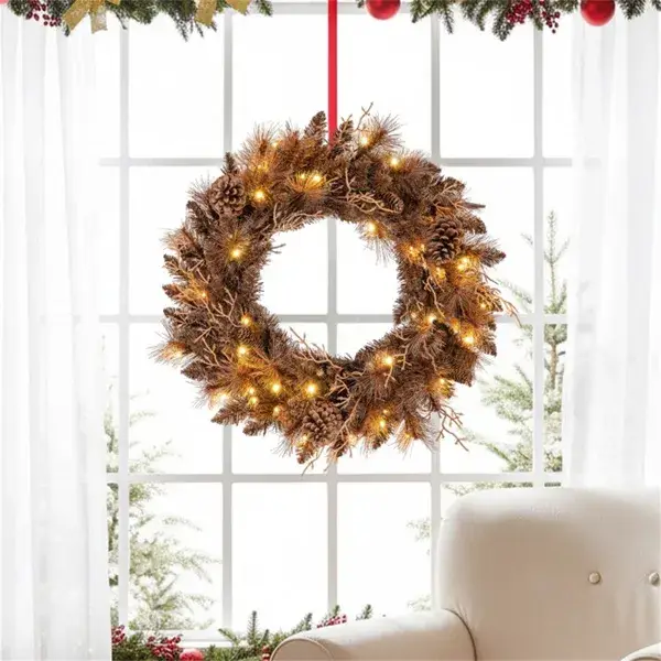 24" Pre-Lit Christmas Wreath - 35 Warm White LEDs+6 Pine Cones, 105 Branch Tips (Brown)