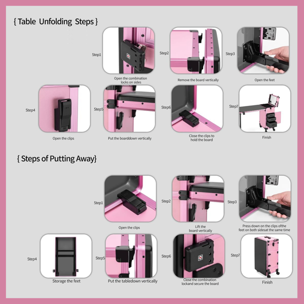 Portable Nail Art Table W/ LED Mirror, Bluetooth, Lockable Drawers, Telescopic Pole - Folding Manicure Station For Salons (Pink) 4