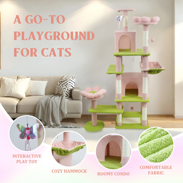 71 Inch Flower Cat Tree With Large Condo Removable Flower Cushion And Hammock Pink image 3