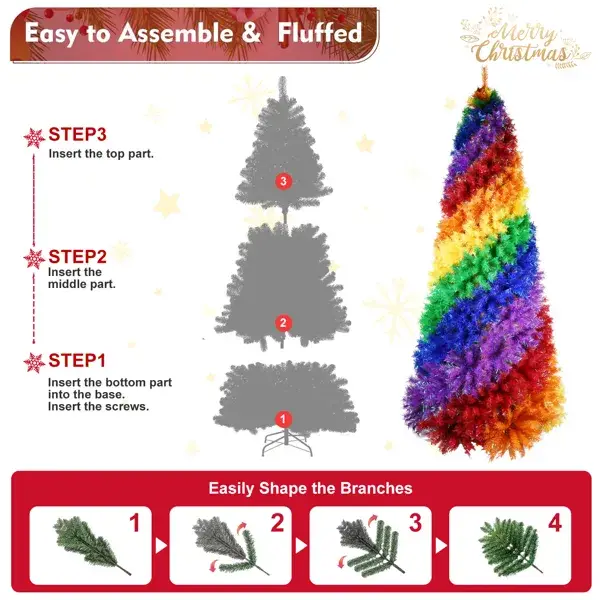 6ft Rainbow Spiral Christmas Tree, 1248 Branch Tips, Colorful PVC Artificial Holiday Tree With Unique Spiral Design, Full & Lush Shape, Sturdy Metal Stand For I