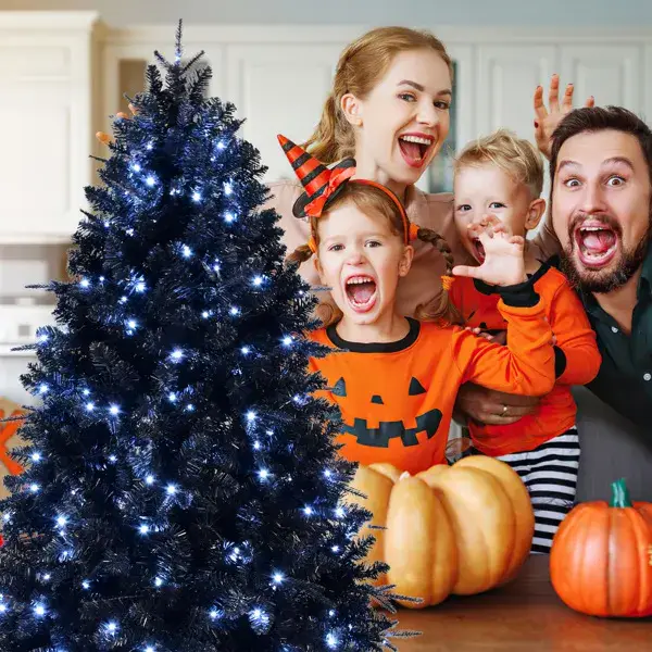 5ft Black Christmas Tree With 250 White LED Lights, 1076 Tips PE+PVC Artificial Tree For Halloween & Holiday Decor, Hinged Structure With Stable Metal Stand