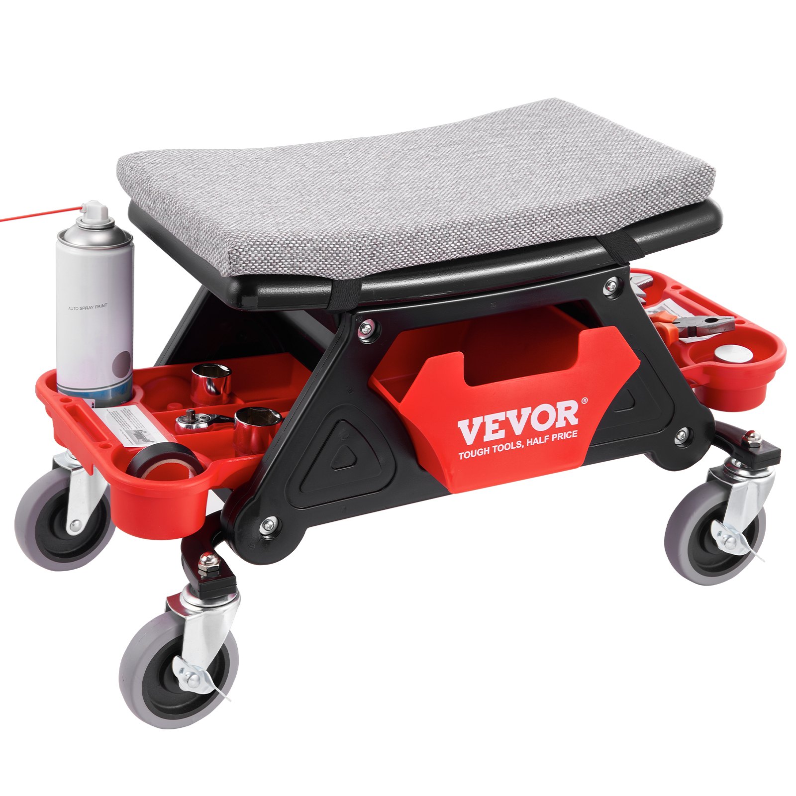 Mechanics Stool, 136.1kg Capacity Rolling Mechanic Seat With 10.2cm Wheels, Three Slide-Out Tool Trays And Drawer, Heavy Duty Roller Creeper Seat For Home Garage DIY Automotive