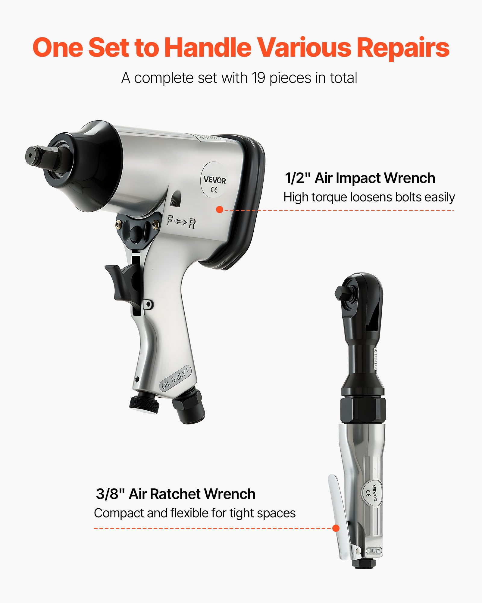 1 2 Air Impact Wrench & 3 8 Ratchet Wrench Combo, 19 Pieces Pro Air Tool And Accessories Kit - Includes 10PCS CR-V Steel Impact Socket Set & Carrying Case For Auto Repair, Home DIY Projects