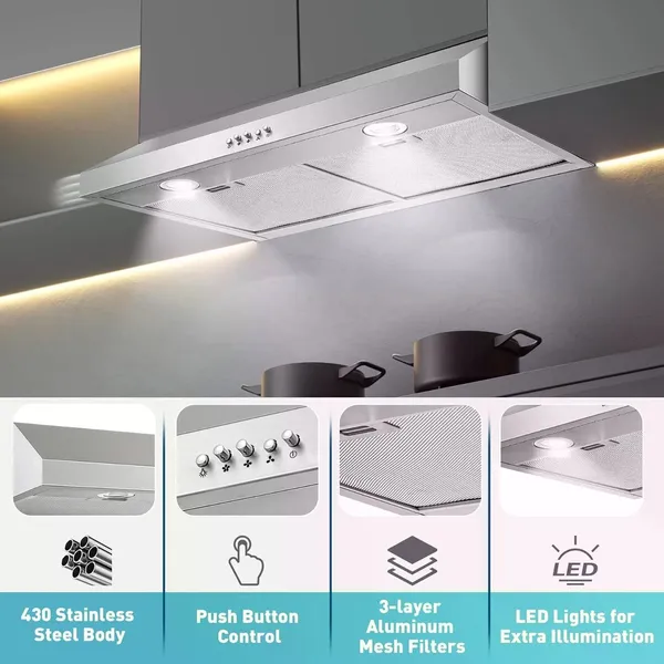 30 Inch Kitchen Under Cabinet Range Hood 500 CFM Stainless Steel 3-Speed
