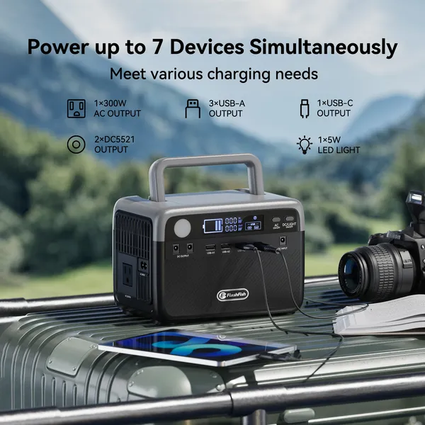 Flashfish 300W Power Station + 60W Solar Panel 230.4Wh LiFePO4 (Peak 600W) Solar Generator AC Outlets Portable Power Station,Power Bank, Battery Backup For Hurricane Emergency/Outdoor Camping — foto 2