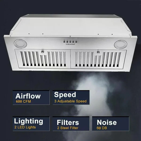 30 Inch Insert Range Hood 600 CFM;  Built-in Stainless Steel Range Hoods With Right Button Controls And Back LED Lights; Kitchen Hood For Over Stove; Ducted/Ductless Convertible Vent Hood