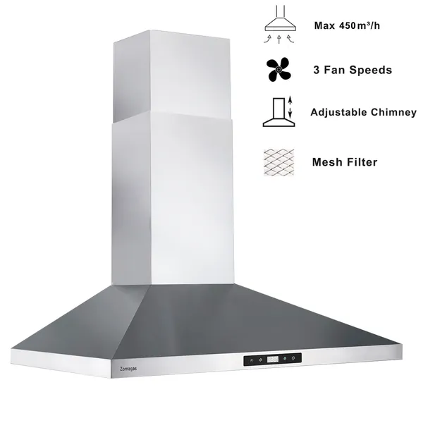 30 Inch Range Hood Wall Mounted 450 CFM Touch Panel Kitchen Stainless Steel Vented