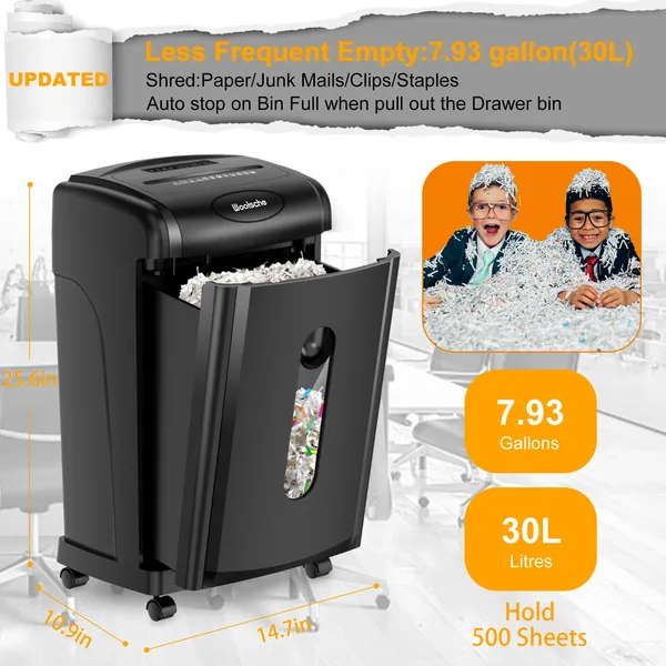 Woolsche Paper Shredder, 18-Sheet Cross Cut With 7.93Gallon Pull Out Bin, P-4 Security Level, Shred Paper And Credit Card And CD, Durable&Fast With Auto Jam Proof System Shredder For Office