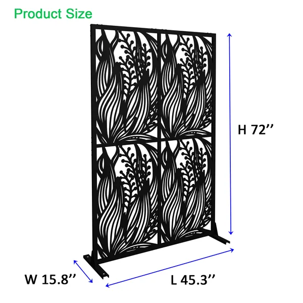 Metal Privacy Screens W3.8Ft X H6Ft Outdoor And Indoor Divider With Free Standing Decorative Privacy Screen For Balcony Patio Garden Room Divider, Black Leaf Shape