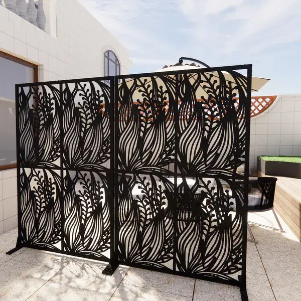 Metal Privacy Screens W3.8Ft X H6Ft Outdoor And Indoor Divider With Free Standing Decorative Privacy Screen For Balcony Patio Garden Room Divider, Black Leaf Sh