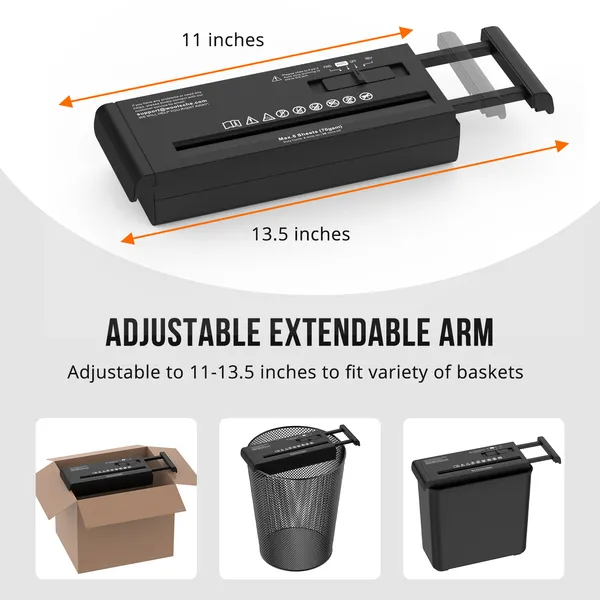 Small Paper Shredder For Home, 6 Sheet Strip Cut Paper Shredder Without Basket,Portable Shredder Extendable Arm Design With Overheat Protection For Home Office