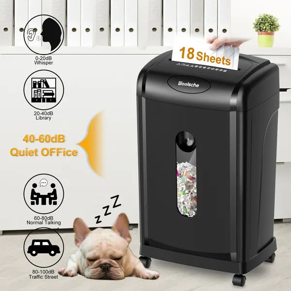 Woolsche Paper Shredder, 18-Sheet Cross Cut With 7.93Gallon Pull Out Bin, P-4 Security Level, Shred Paper And Credit Card And CD, Durable&Fast With Auto Jam Proof System Shredder For Office