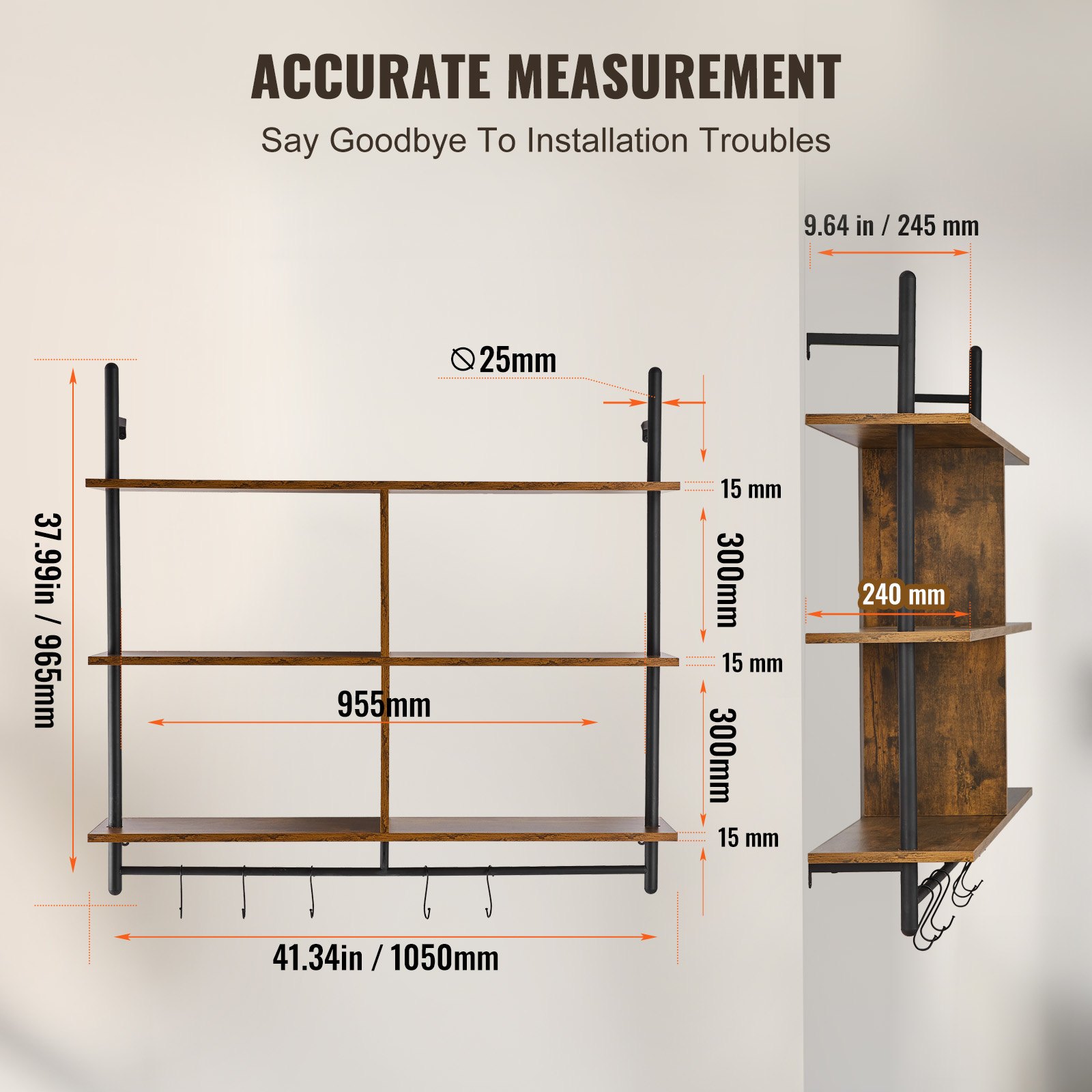 Industrial Pipe Shelf, 3 Tier 41.5x9.84in, Wall-Mount Floating Rustic Wood Shelves Bracket Display Bookshelf, Storage Rack Sundries Holder For Kitchen Bedroom Bathroom Living Room, Black