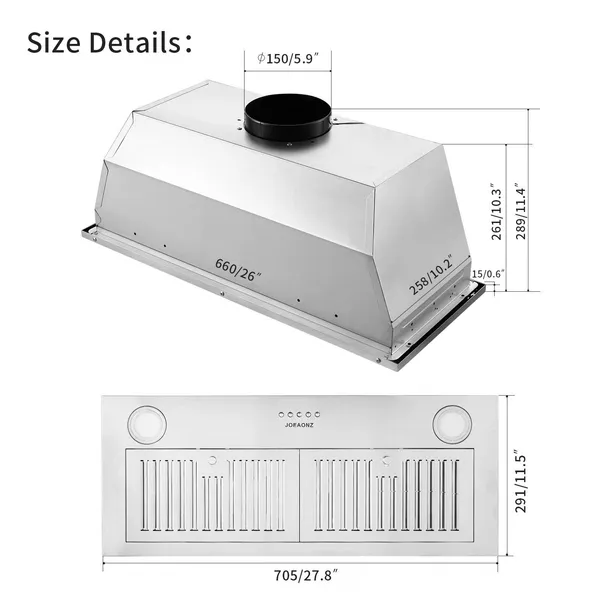 30 Inch Insert Range Hood 600 CFM;  Built-in Stainless Steel Range Hoods With Right Button Controls And Back LED Lights; Kitchen Hood For Over Stove; Ducted/Ductless Convertible Vent Hood