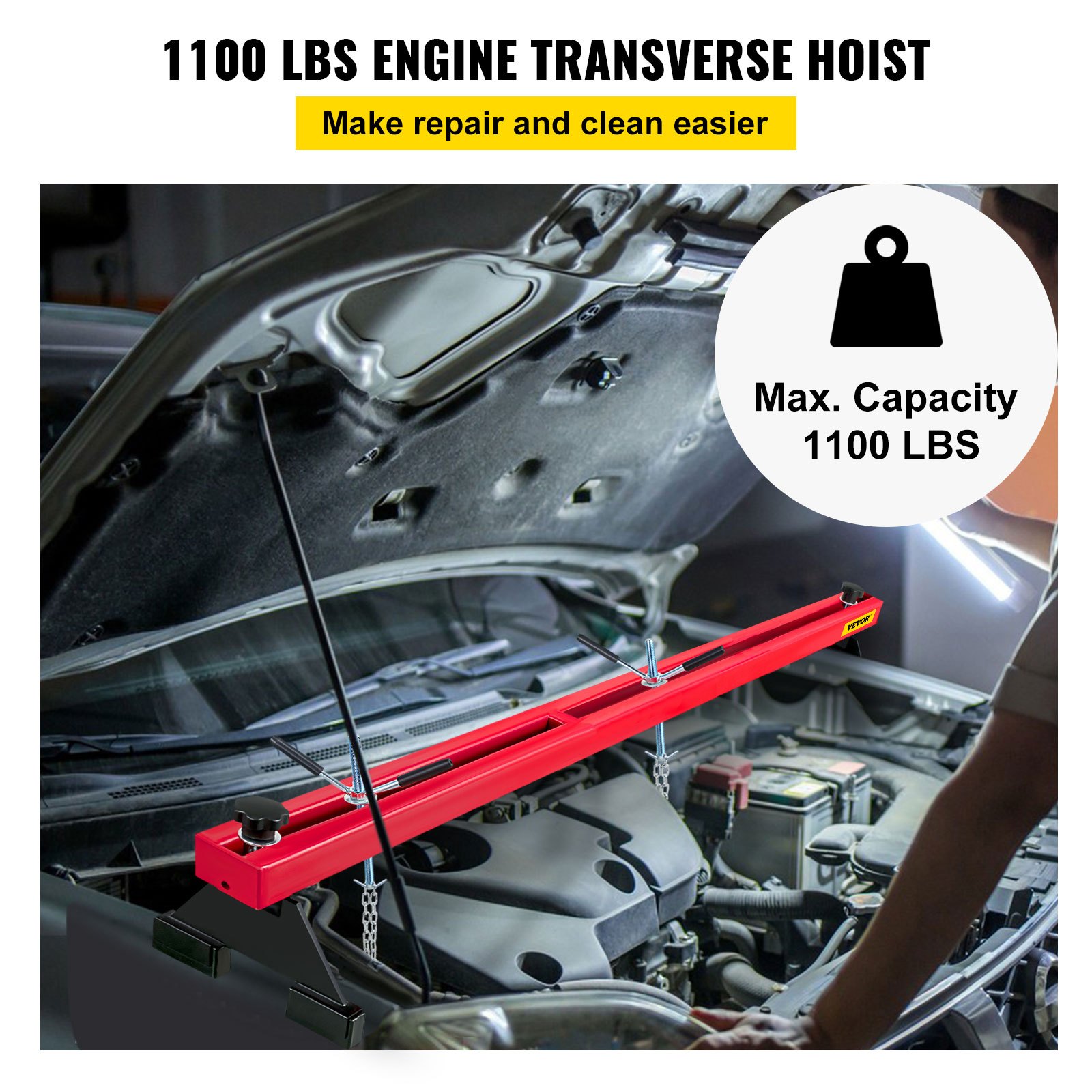 Engine Support Bar 1100 Lbs Capacity Engine Transverse Bar Engine Hoist 2 Point Lift Holder Hoist Dual Hooks, Engine Hoist Keeps Engine Stable For Home Garages & Auto Repair Shop