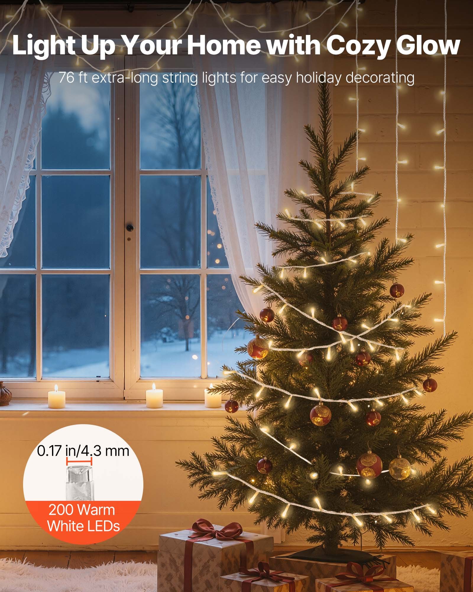 LED Christmas String Lights, 200 LED, 76 Ft Connectable Warm White Christmas Lights Outdoor, With 8 Modes, Auto Timer, Twinkle Fairy Lighting Plug In, Waterproof For Tree Yard Patio Decoration