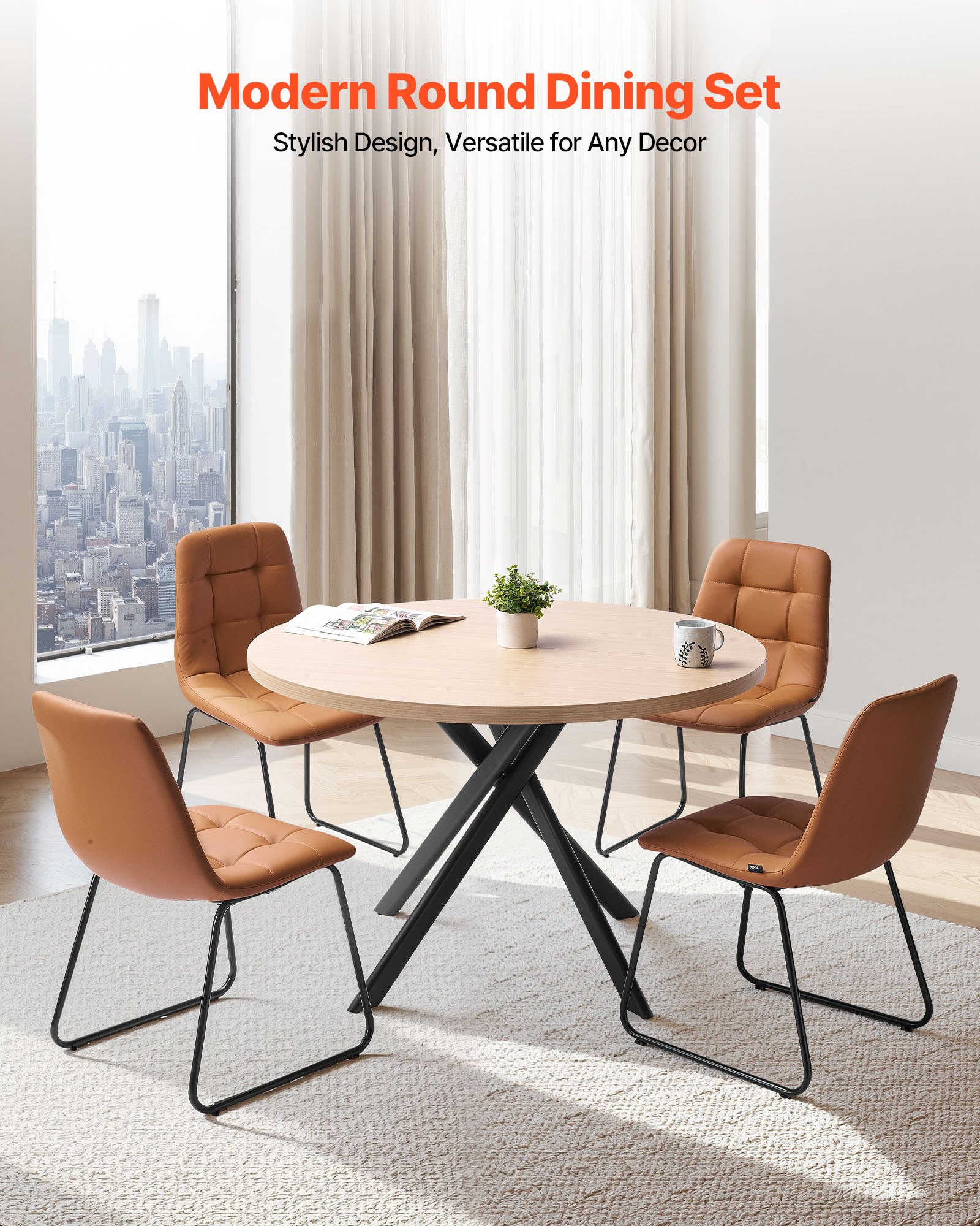 5-Piece Dining Table Set, Space-Saving Round Kitchen Table With 4 Upholstered Orange Chairs, PU Leather Cushions, Modern Wood-Tone Desk With Adjustable Foot Pads For Dining Room, Small Spaces_voghion.com