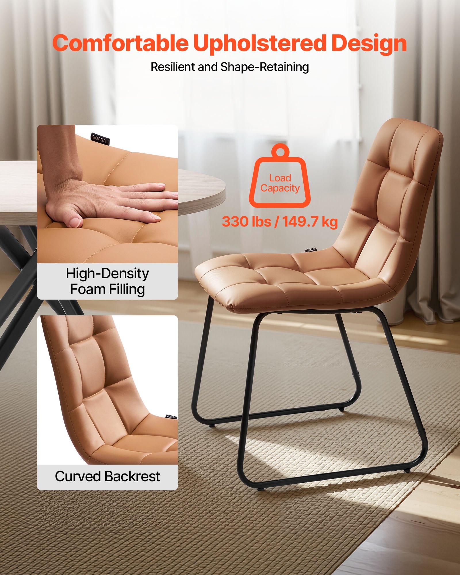 5-Piece Dining Table Set, Space-Saving Round Kitchen Table With 4 Upholstered Orange Chairs, PU Leather Cushions, Modern Wood-Tone Desk With Adjustable Foot Pads For Dining Room, Small Spaces_voghion.com