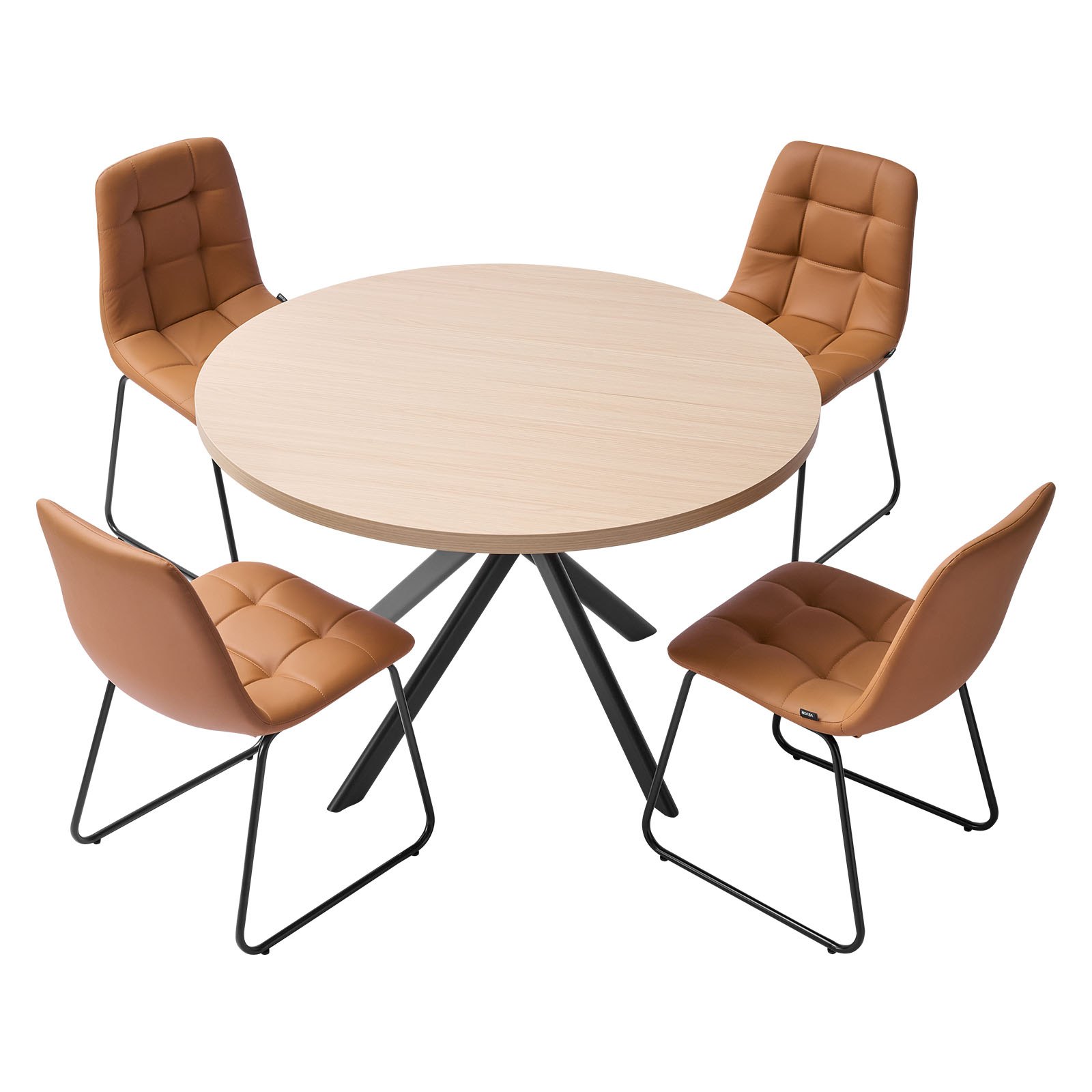 5-Piece Dining Table Set, Space-Saving Round Kitchen Table With 4 Upholstered Orange Chairs, PU Leather Cushions, Modern Wood-Tone Desk With Adjustable Foot Pads For Dining Room, Small Spaces_voghion.com