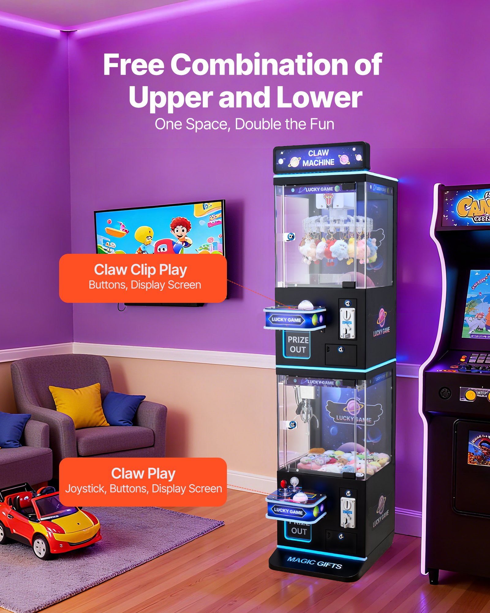 Claw Crane Machine, Medium-Sized Arcade Game Machine With Claw + Grabber Double-Layer, Light & Sound, Toy Candy Grabber Prize Dispenser Vending Toy, For Commercial Home Cinema, Black Purple
