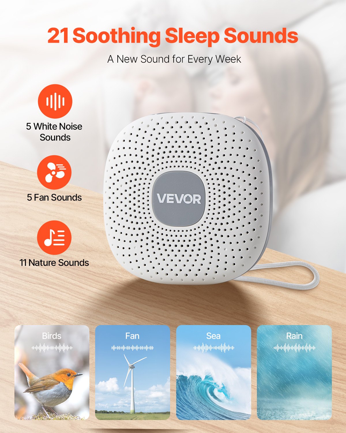 Sound Machine, 21 Soothing Sleep Sounds, 3-in-1 Portable And Hangable White Noise Sound Machine With Auto-Off Timer, Soft Ring Light And Memory Function, For Baby, Adults, Home, Office & Travel