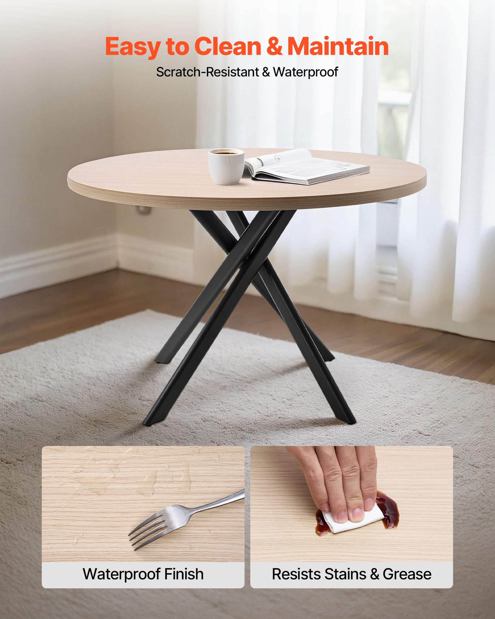 5-Piece Dining Table Set, Space-Saving Round Kitchen Table With 4 Upholstered Orange Chairs, PU Leather Cushions, Modern Wood-Tone Desk With Adjustable Foot Pads For Dining Room, Small Spaces_voghion.com