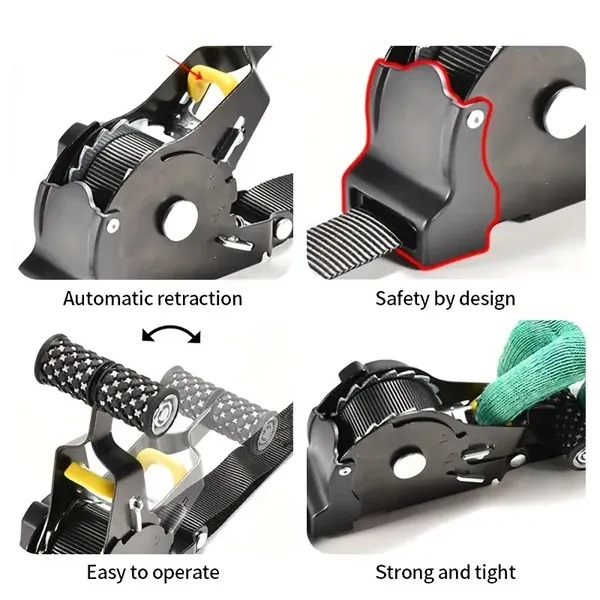 Automatic Ratchet Tension Belt Tensioner, Steel, Heavy Duty Harness For Luggage, Motorcycle And Cargo Holding, With Automatic Belt Recovery Function, No Assembly Required
