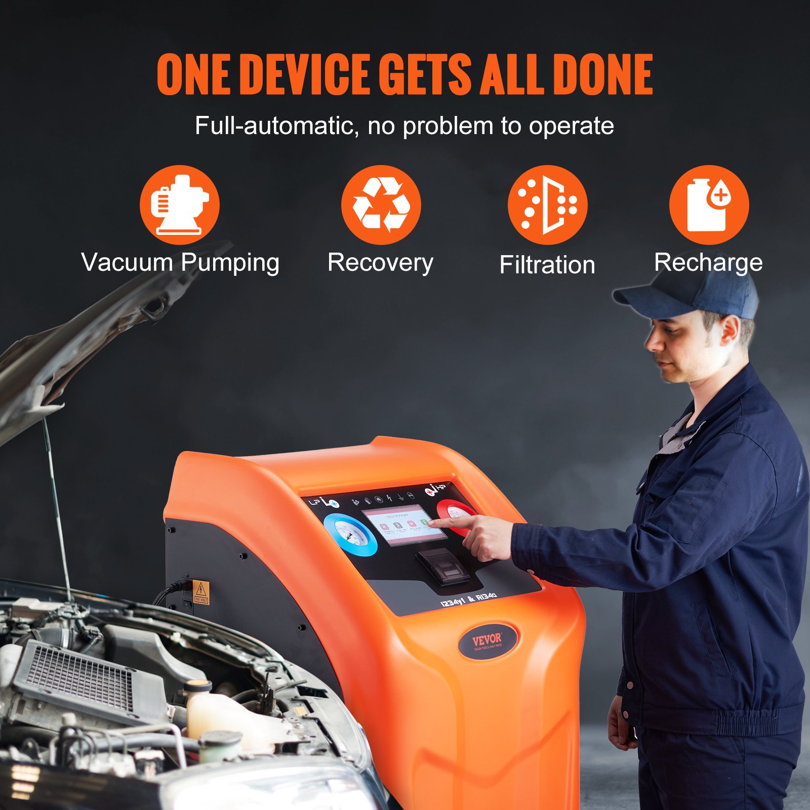 Fully Automatic Refrigerant Recovery Machine For R134A+R1234YF - AC Recovery Machine Kit Built In Electronic Scale/Compressor/Recovery Tank, Recovery Machine HVAC Dual Cylinder