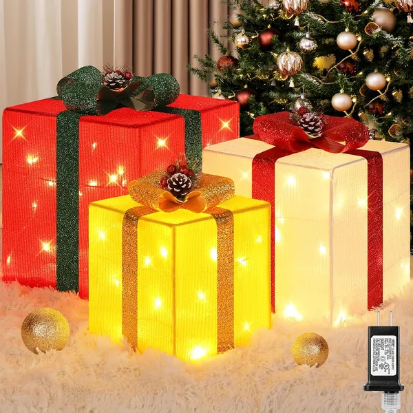3 Pieces Large Gift Boxes For Christmas Decorations Outdoor, 10" 8" 6" With Pre-lit 70 LED Mini String Lights, Plug-in Warm White Present Boxes With Glitter For Christmas Wedding Party 06a61f75 0513 464c B070 32bd4216de91