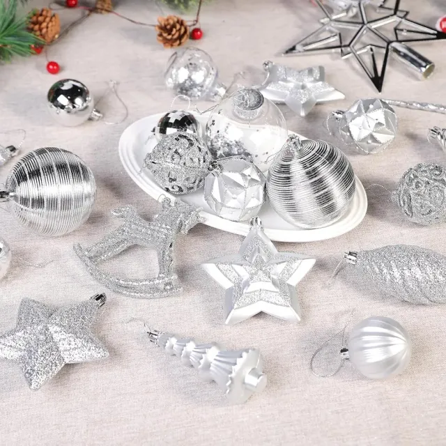 Christmas Tree Decorations Ornaments Set, Shatterproof Plastic Baubles Decorative Balls For Xmas Tree Decor Holiday Wedding Party, White Silver - Shop at LoveMi