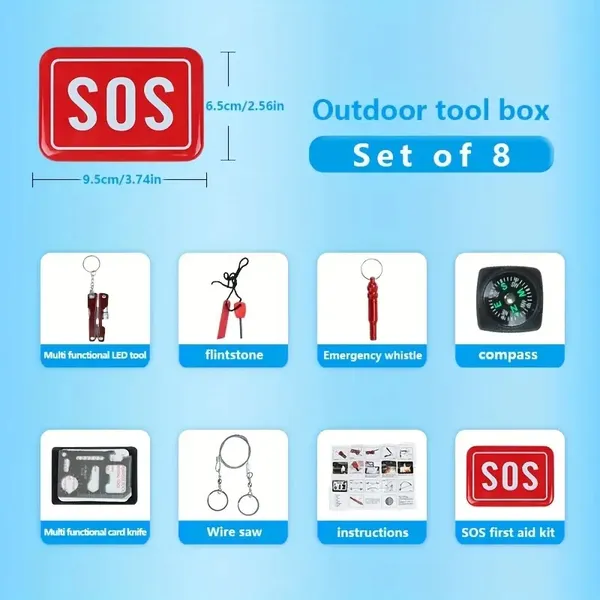 Compact 8-in-1 Emergency Survival Kit – Essential Outdoor Gear for Camping, Hiking, and Wilderness Preparedness – Multi-Tool Set for Everyday Safety and Adventure