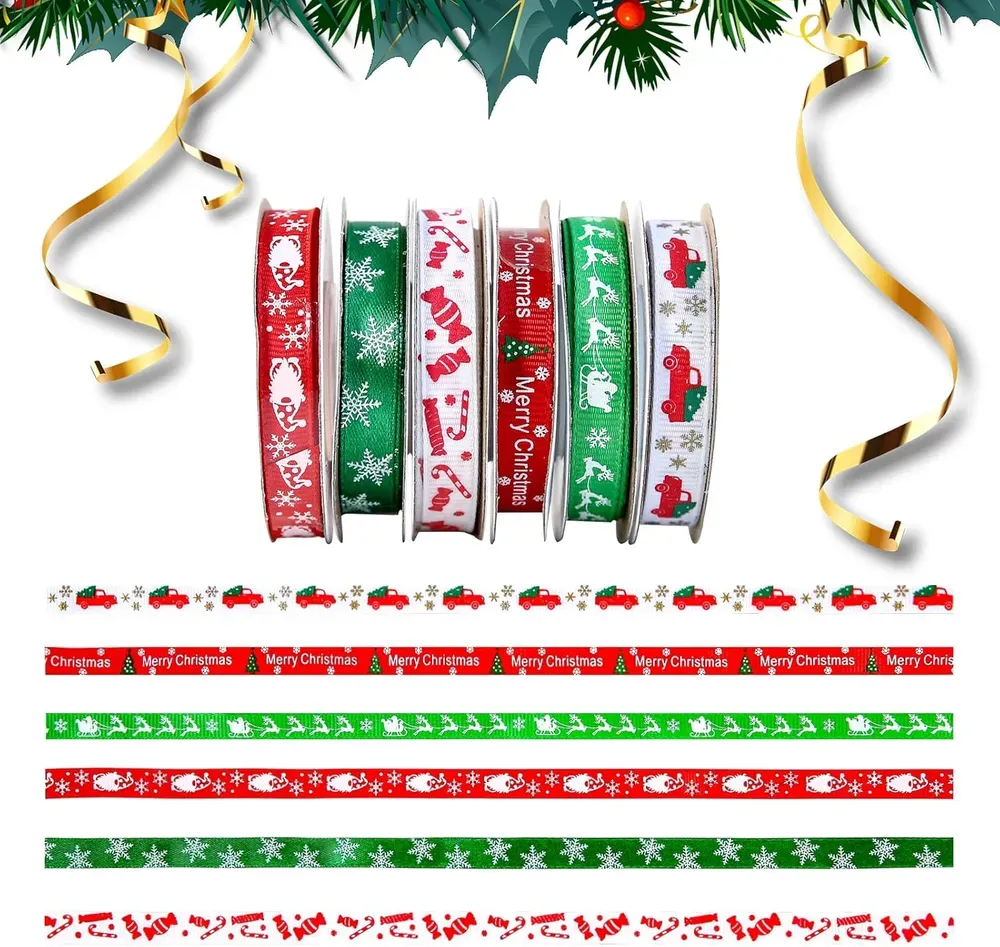 60 Yards 3/8" Christmas Ribbon For Crafts, White Red And Green Holiday Grosgrain Ribbon Christmas Ribbon For Gift Wrapping Festival Holiday Party H...