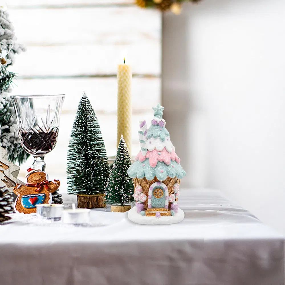 Gingerbread House Decorations, Pastel Pink Gingerbread Christmas Decor, Christmas Resin Ginger Bread Treehouse Decorations Indoor, Xmas Tabletop Village Houses Decor_voghion.com