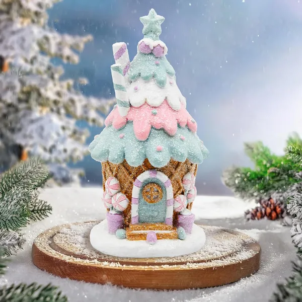 Gingerbread House Decorations, Pastel Pink Gingerbread Christmas Decor, Christmas Resin Ginger Bread Treehouse Decorations Indoor, Xmas Tabletop Village Houses Decor_voghion.com